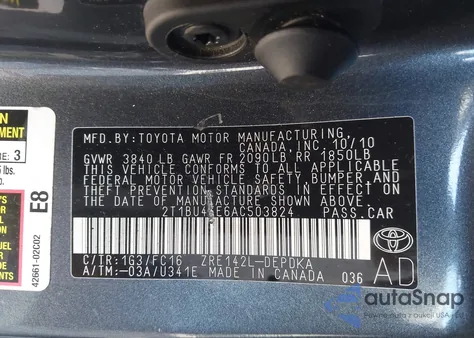 2010 Toyota Corolla Le из США, поврежденный, VIN 2T1BU4EE6AC503824